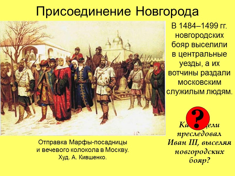 Присоединение Новгорода В 1484–1499 гг. новгородских бояр выселили в центральные уезды, а их вотчины